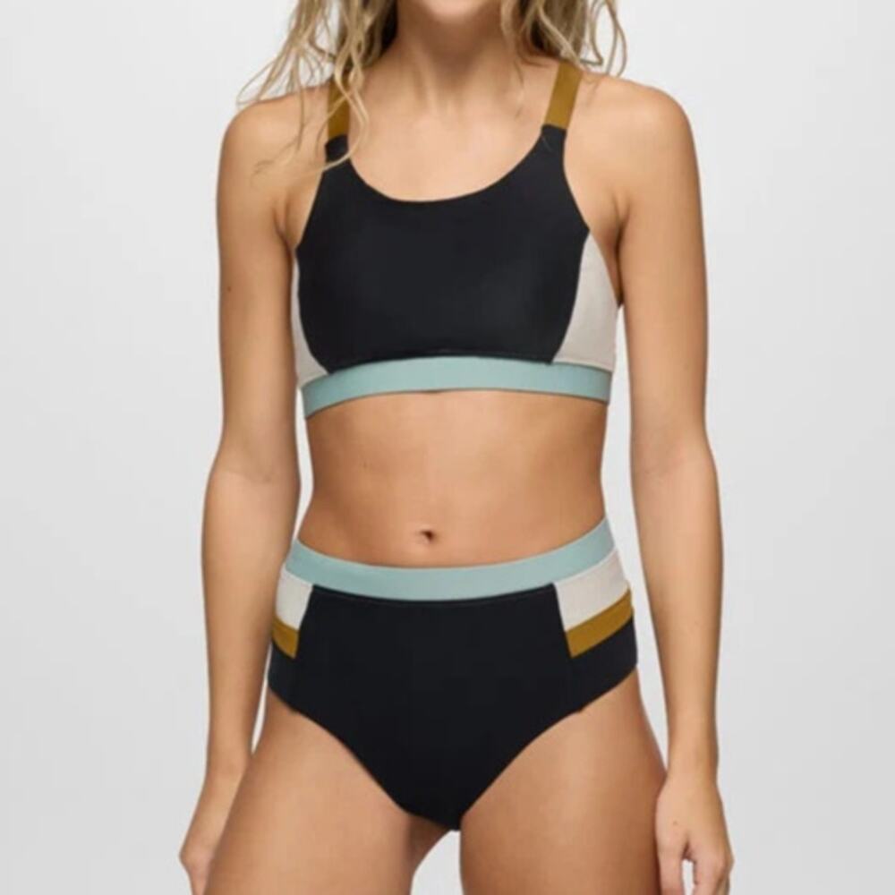 Prana Baja Bound Sport Top & High Rise Bottom Sz XS Black Colorblock Bikini Set